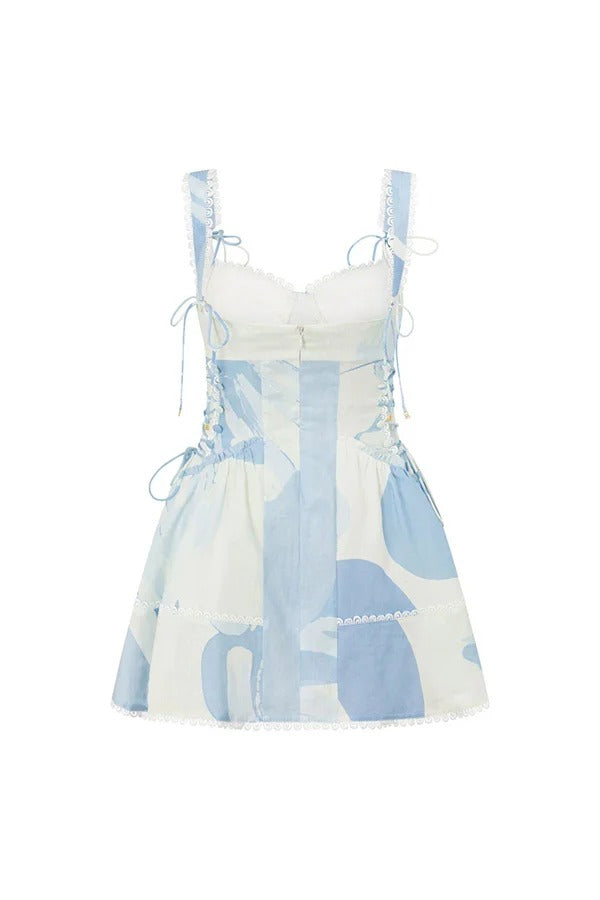 Avere Linen Blend Unique Print Scallop Trim Side Lace-up Mini Dress