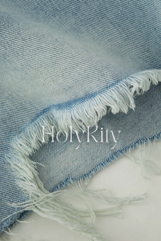 Asymmetric Frayed Denim Shorts