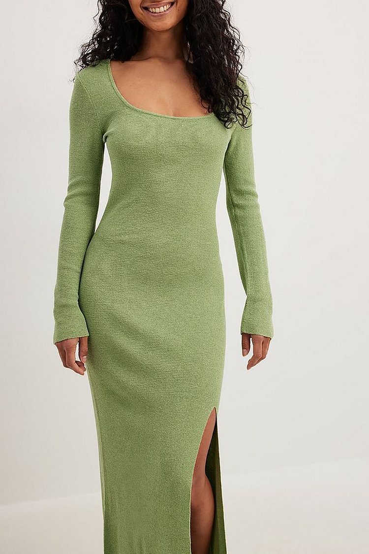 SCOOP NECK LONG SLEEVE SLIT KNITTED PLAIN MAXI DRESSES