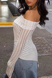 Knit White Off Shoulder Backless Long Sleeve Seam Irregular Hem Top