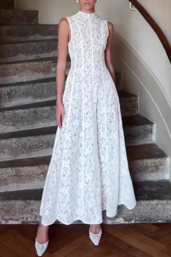 White Stand Collar Sleeveless Heavy Lace Waist-Flared Maxi Dress
