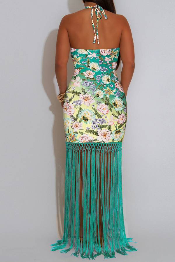Print Halter Fringe Bodycon Maxi Dress