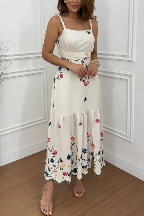 Vanie Linen Blend Floral Print Cutout Waist Back Smocked Slit Maxi Dress