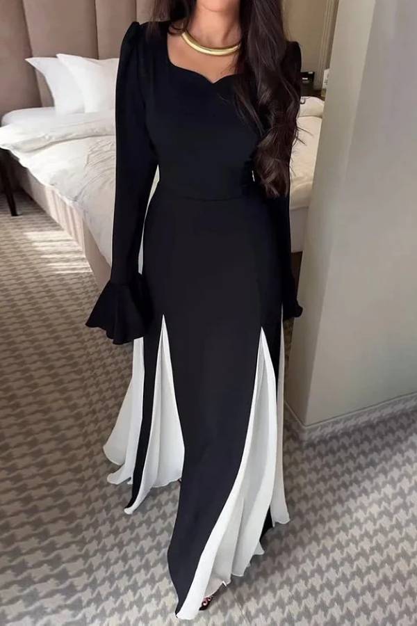 Black And White Flared Long-sleeved Maxi Dress