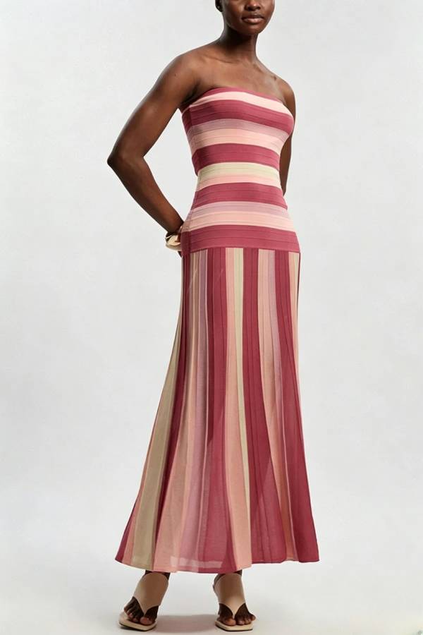 A Splash of Color Knit Color-Block Striped Off Shoulder Stretch Maxi Dress