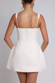 Square Neck Cinch Waist Faux Flap Pockets Mini Slip Dresses-White