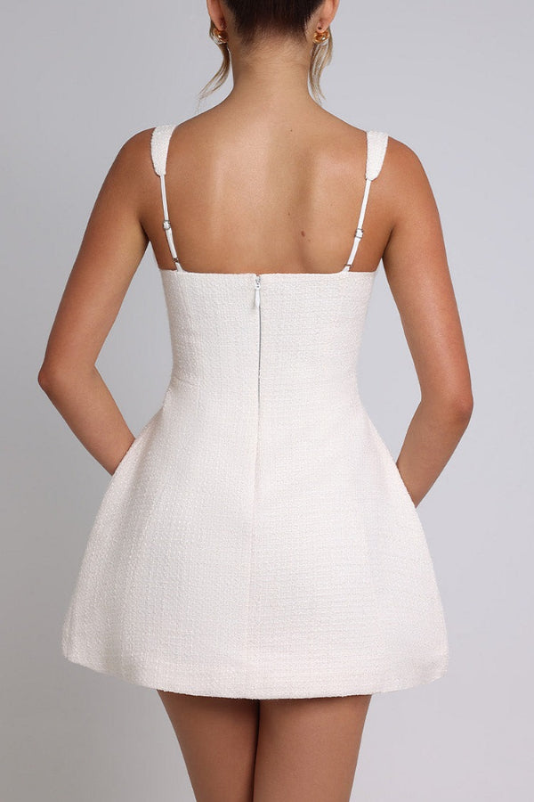 Square Neck Cinch Waist Faux Flap Pockets Mini Slip Dresses-White