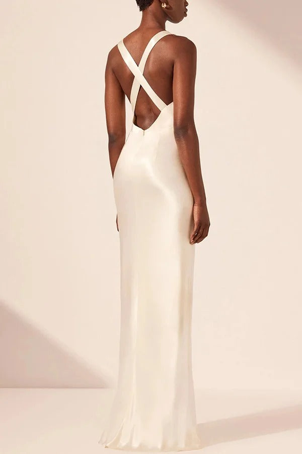 Modern Day Glam Satin Lace Trim V-neck Cross Back Maxi Dress