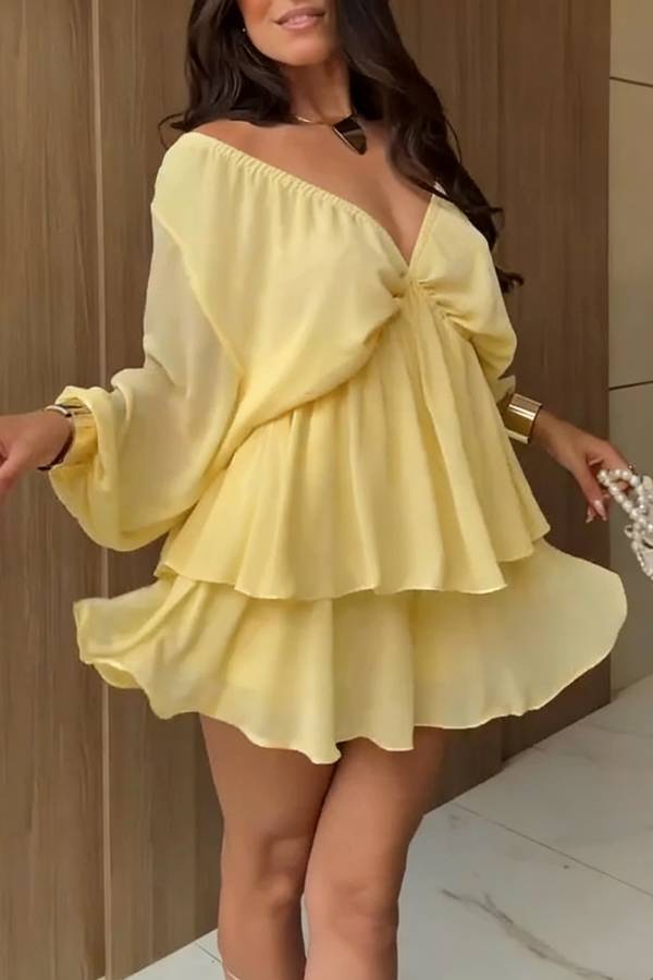 Verne Chiffon Batwing Sleeve Elastic High Waist Layered Hem Loose Mini Dress