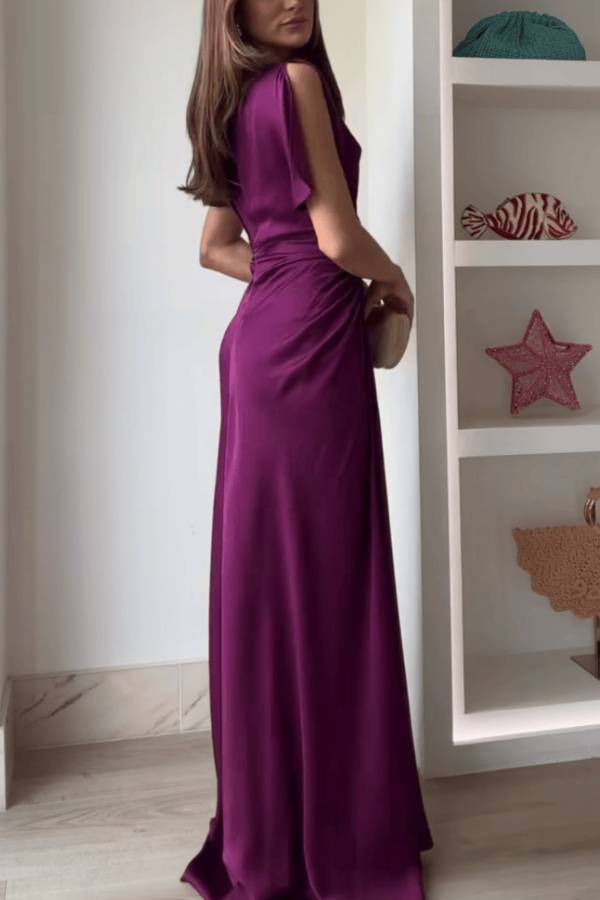 Draped Neck Ruched Satin Evening Gown