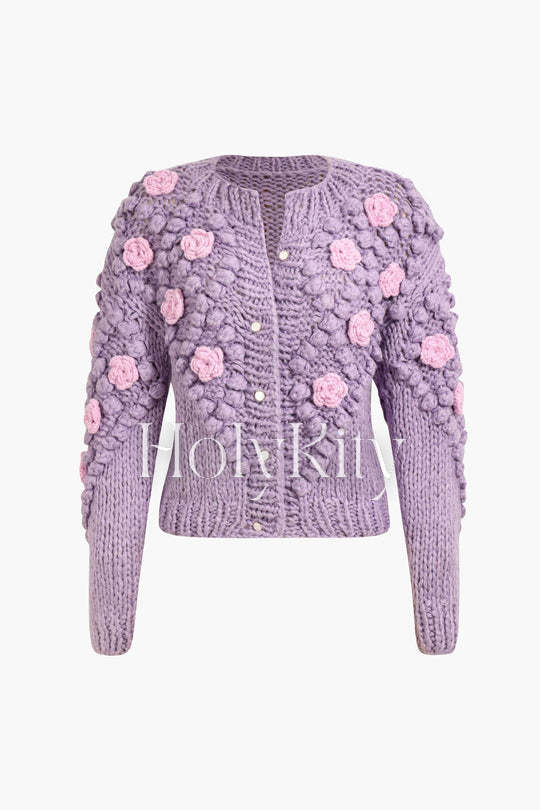 Flower Pom-pom Knit Cardigan