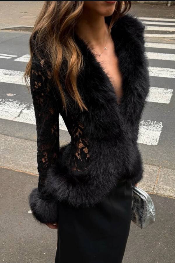Black Faux Fur Trim Lace Blazer, Deep V Long Sleeve Sheer Lace Cropped Jacket