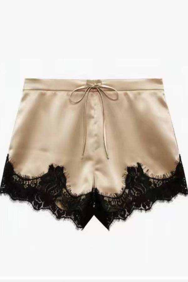 Puff Sleeve Asymmetric Peplum Top & Lace-Trim Satin Shorts Set