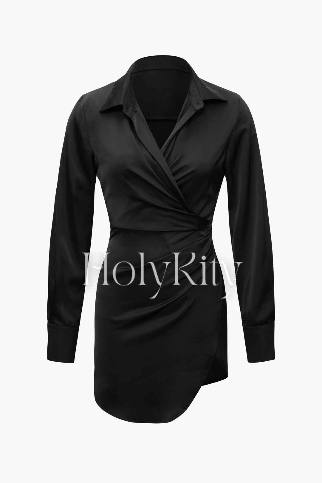 Robe chemise courte portefeuille unie à col en V 