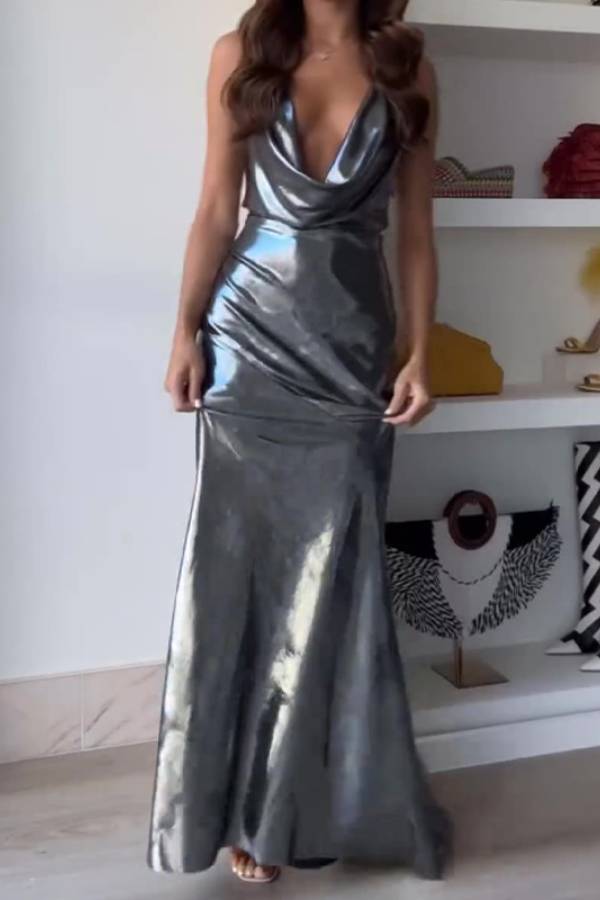 Deep V Cowl Neck Metallic Spaghetti Strap Fishtail Train Evening Dress