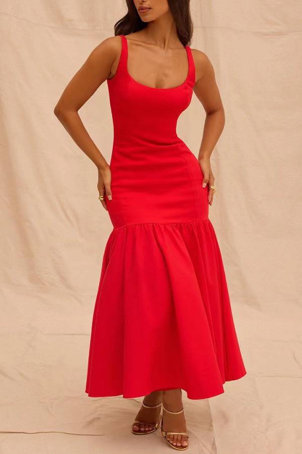 Square Neck Cami Ruffle Hem Midi Dress