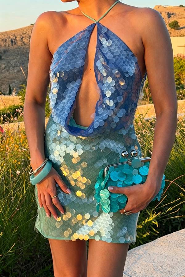 Aegean Mermaid Gradient Sequins Cutout Cowl Neck Halter Backless Mini Dress