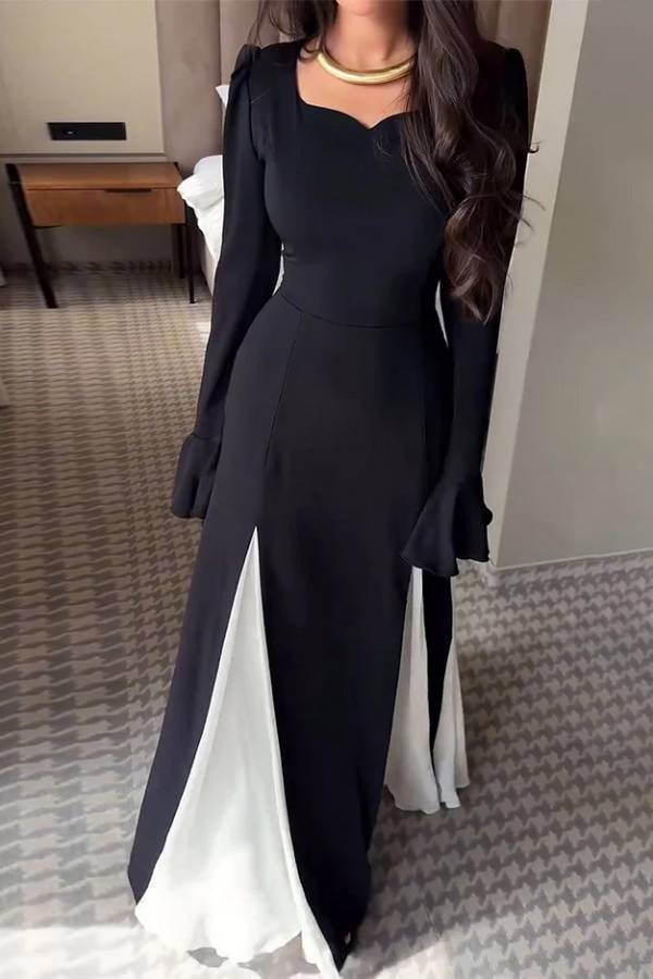 Black And White Flared Long-sleeved Maxi Dress