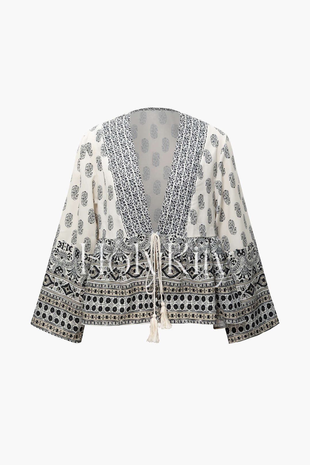 Bedruckte Bluse mit V-Ausschnitt und Bindeband vorne 