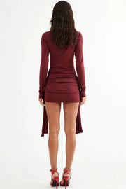 Solid Long Sleeve Round Neck Slim Fit Ribbon Flower Mini Dress