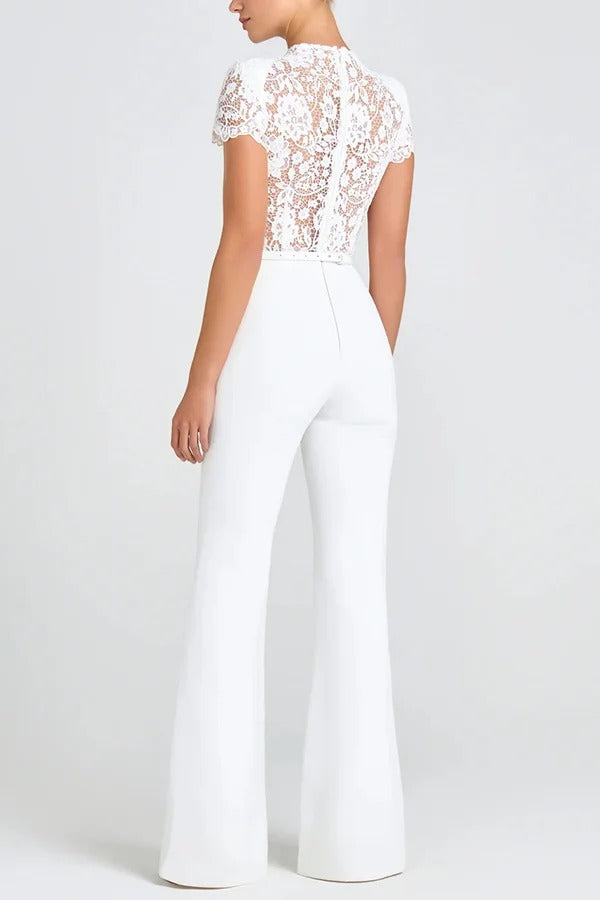 Party Charmer Flower Lace Patchwork Short Sleeve Bow Belted Flare Jumpsuit