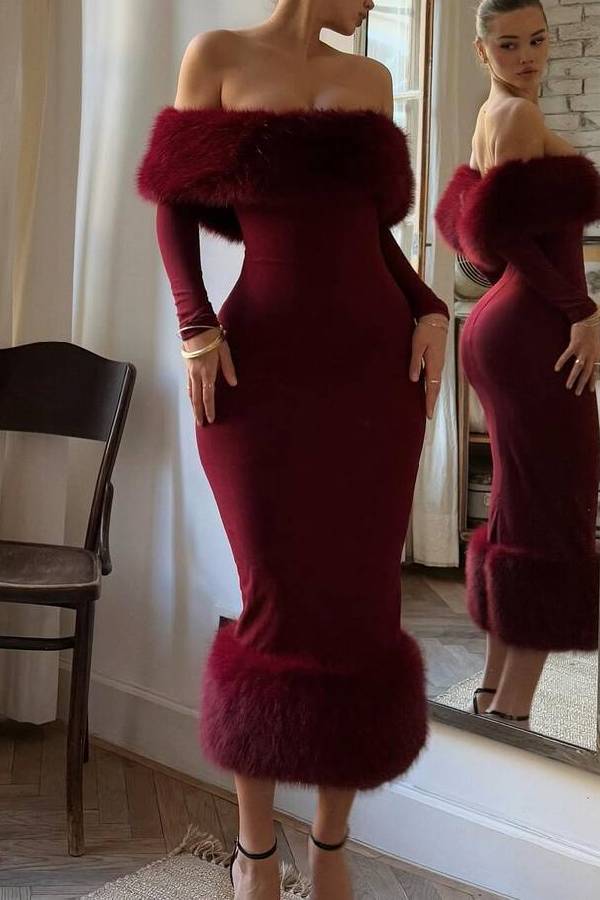 Off Shoulder Faux Fur Trim Long Sleeve Midi Bodycon Dress