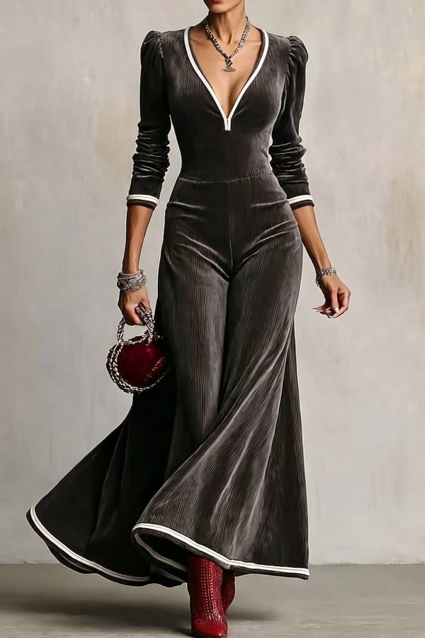 Dark Gray Velvet Deep V Neck Puff Sleeve Maxi Dress