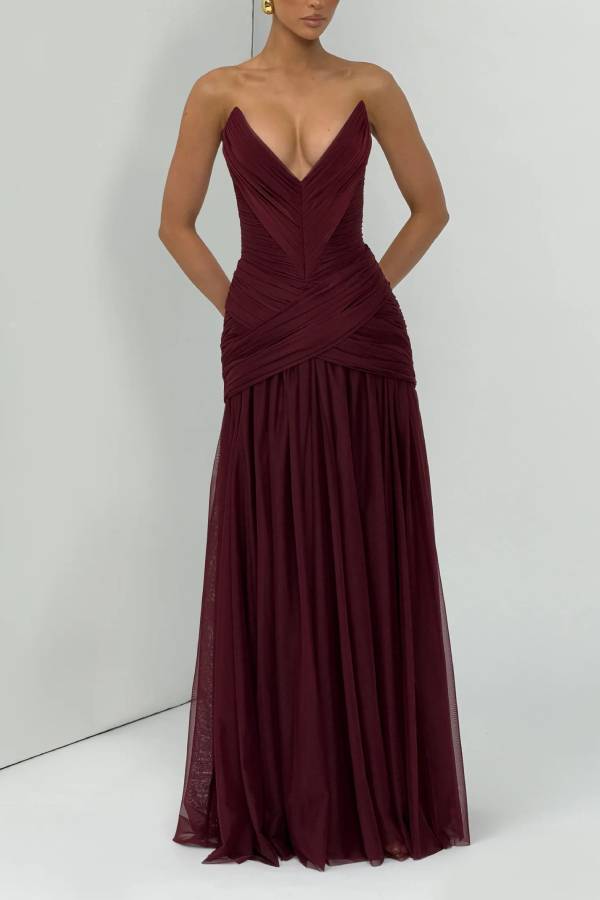 Persephara Pleated Tulle Sweetheart Neck Strapless Back Lace-up Maxi Dress