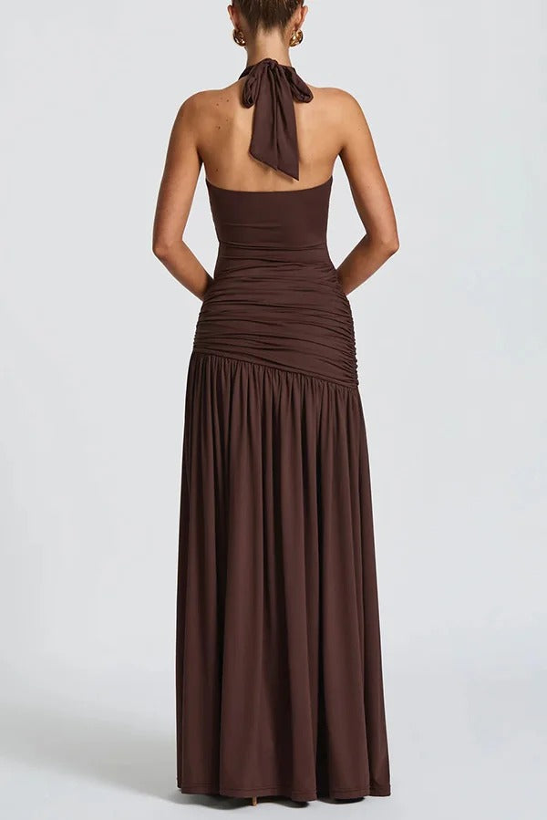 Solid Color Halter Neck Backless Slim Fit Pleated Slit Maxi Dress