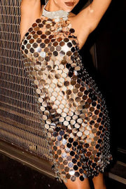 ROUNDED SEQUINS RHINESTONE STAND COLLAR BACKLESS BODYCON PARTY MINI DRESSES