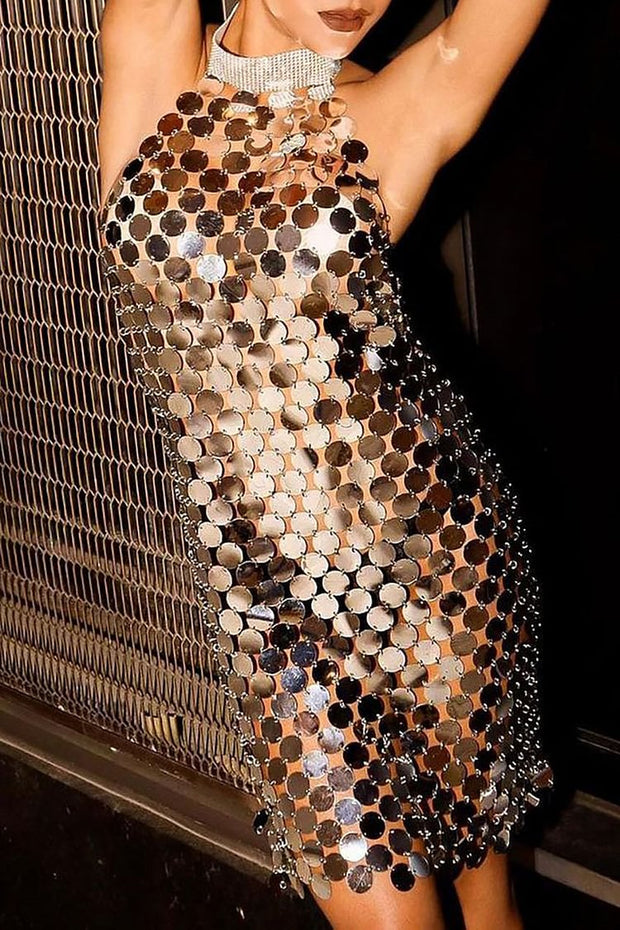 ROUNDED SEQUINS RHINESTONE STAND COLLAR BACKLESS BODYCON PARTY MINI DRESSES
