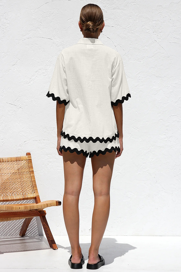 Colorblock Ripple Trim Short Sleeve Blouse Casual Shorts Matching Set