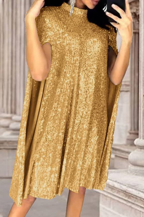 Sequined Cape Turtleneck Party Dress