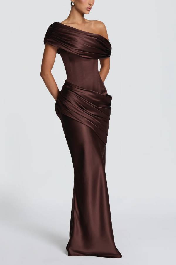 Ella Satin Detachable Asymmetric Off Shoulder Drape Panel Back Lace-up Maxi Dress