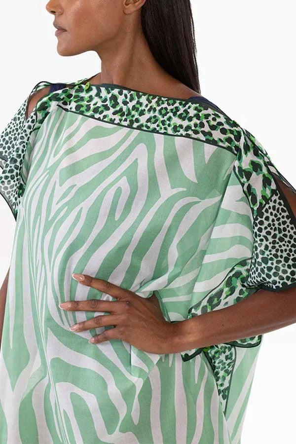 Leopard Mixed Zebra Unique Print One Shoulder Button Detail Loose Cover-up Mini Dress