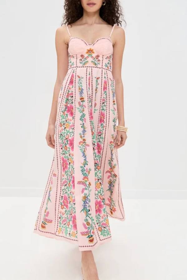 Delicate Forest Unique Print Sweetheart Neck Beaded Straps Maxi Dress