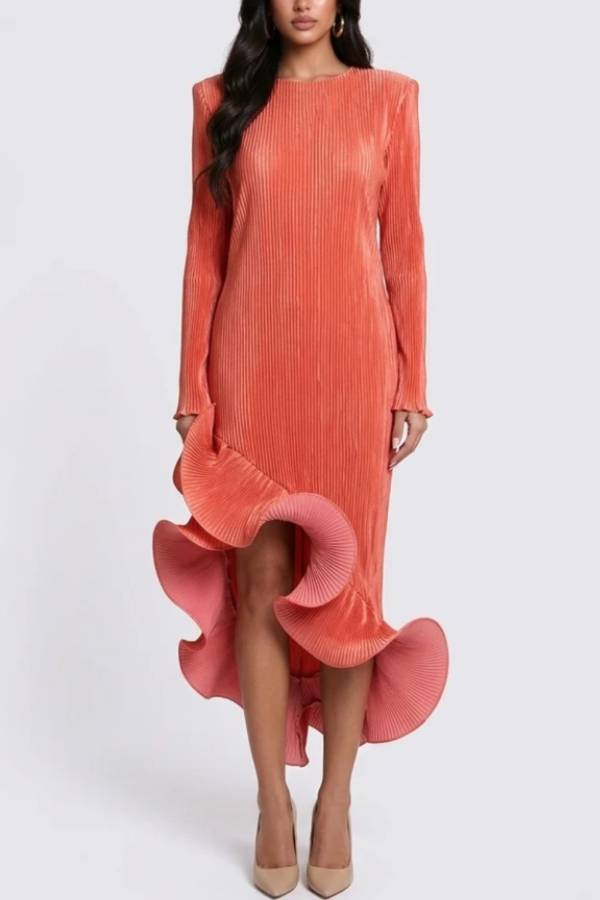 Long Sleeve Pleated High Low Dress with Sculptural Ruffle Hem