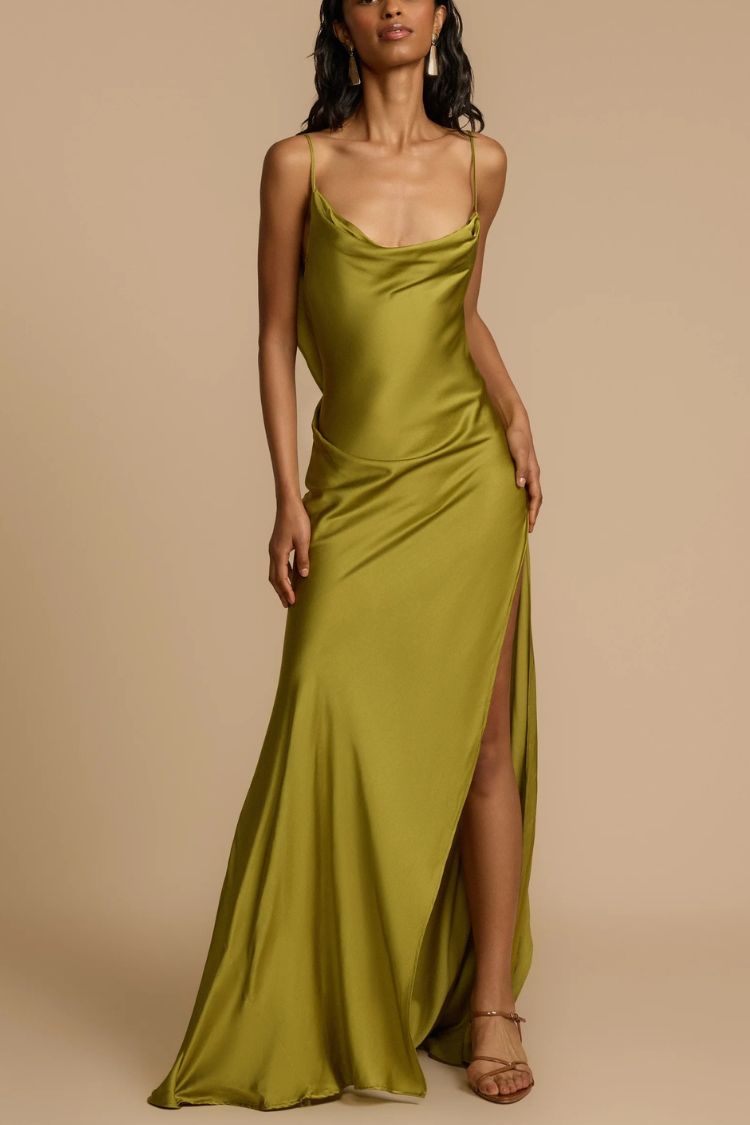 Evening Date Satin Cowl Neck Drape Ruffle Backless Bias Cut Party Maxi Dress