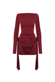 Solid Long Sleeve Round Neck Slim Fit Ribbon Flower Mini Dress