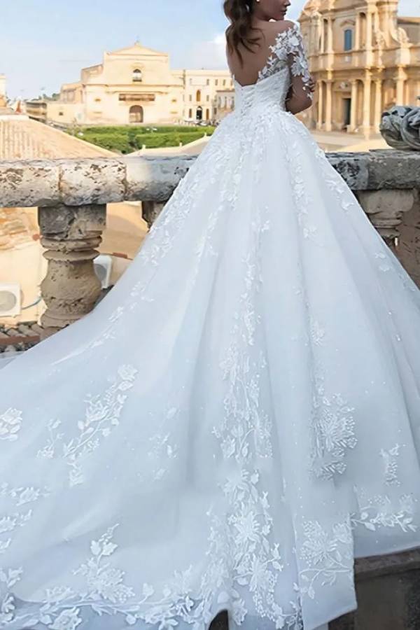 Long Sleeve Lace Applique Ball Gown Wedding Dress