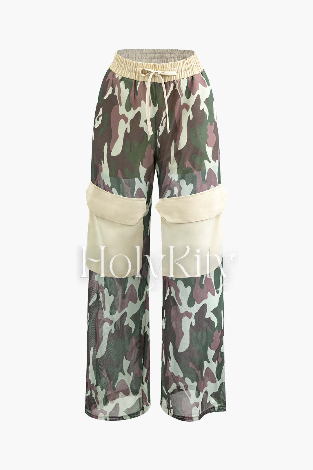 Pantalon cargo camouflage contrasté en maille avec cordon de serrage et poches à rabat 