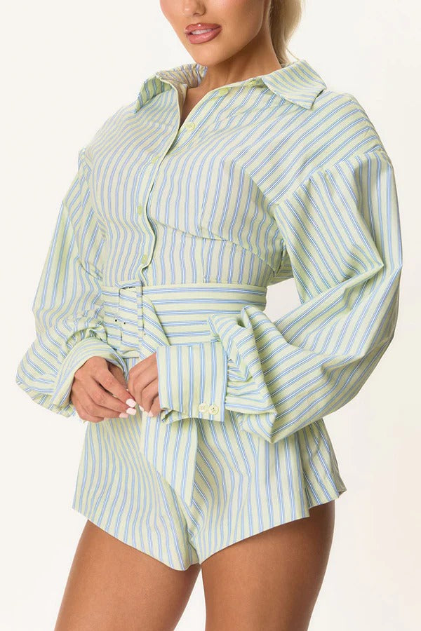 Urban Chic Striped Print Shoulder Pads Belted Blouse and Elastic Waist Flare Shorts Set
