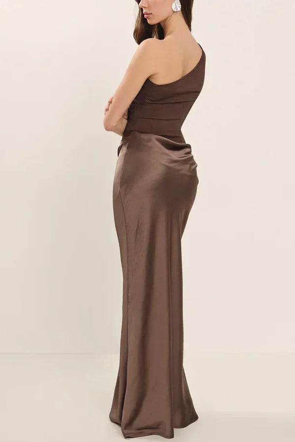 Kaia Satin Contrast Fabric Patchwork One Shoulder Ruched Maxi Dress