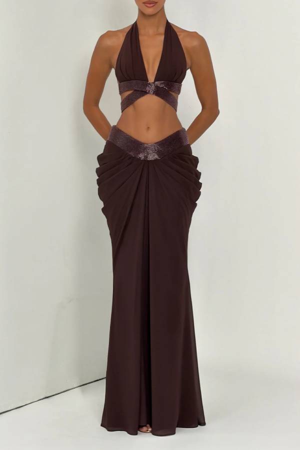 Sophie Chiffon Embellished Trim Crop Halter Tank and Dramatic Gathered Drape Maxi Skirt Set