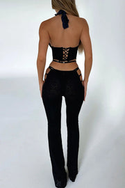 Halter Backless Jacquard Corset Cut Out Tied Up Party Jumpsuit-Black [Pre Order]