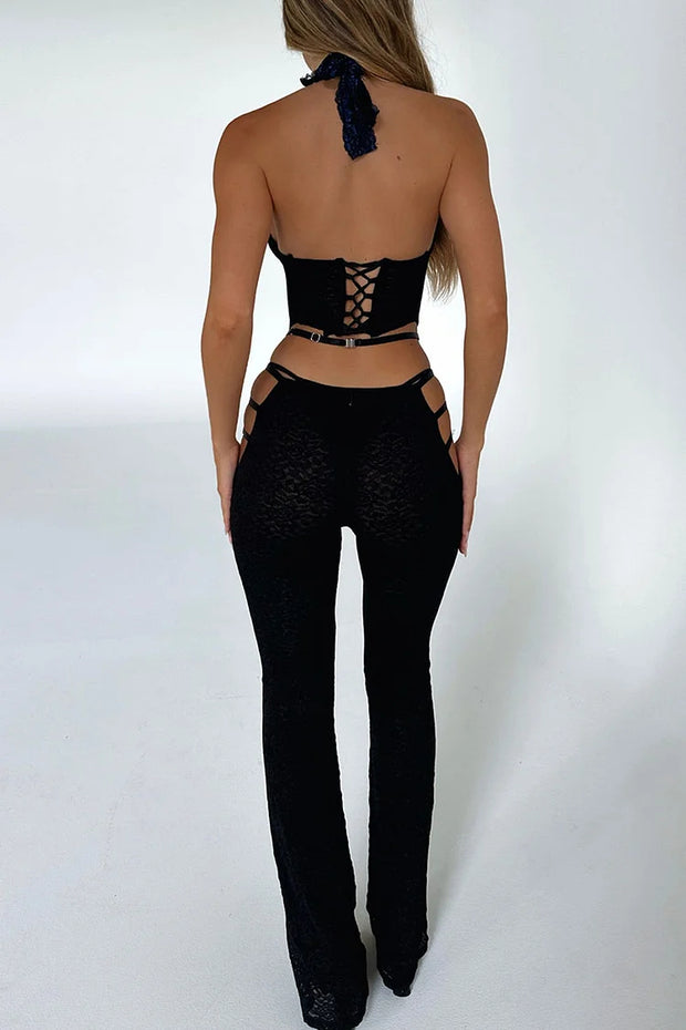 Halter Backless Jacquard Corset Cut Out Tied Up Party Jumpsuit-Black [Pre Order]