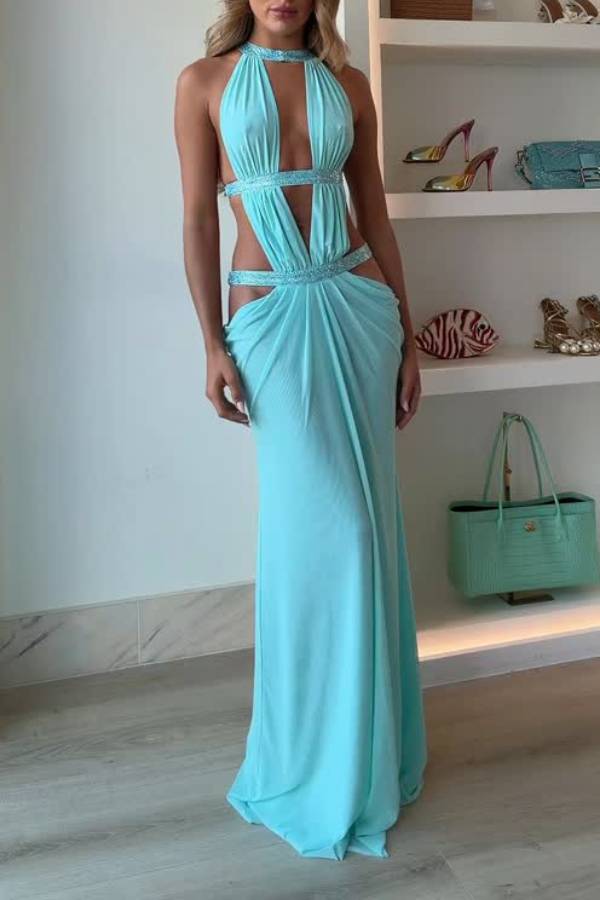 Sexy Halter Cutout Rhinestone Waist-Cinching Maxi Dress
