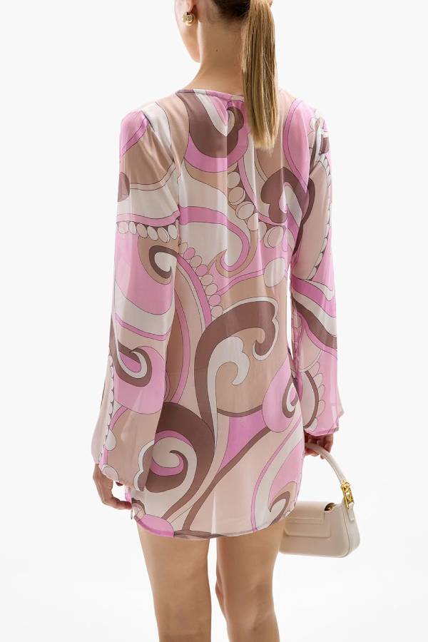 Tinslie Unique Print Metal Flower Cutout Long Sleeve Loose Mini Dress