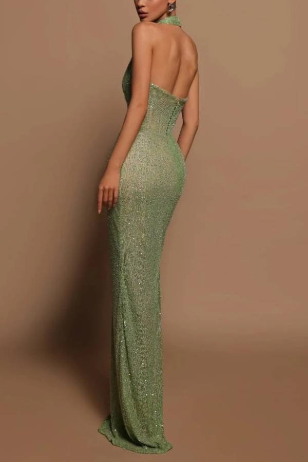 BEADED HALTER MAXI DRESS