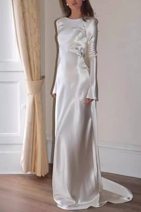 Satin Cowl-Back Long-Sleeve Fitted Mermaid Gown